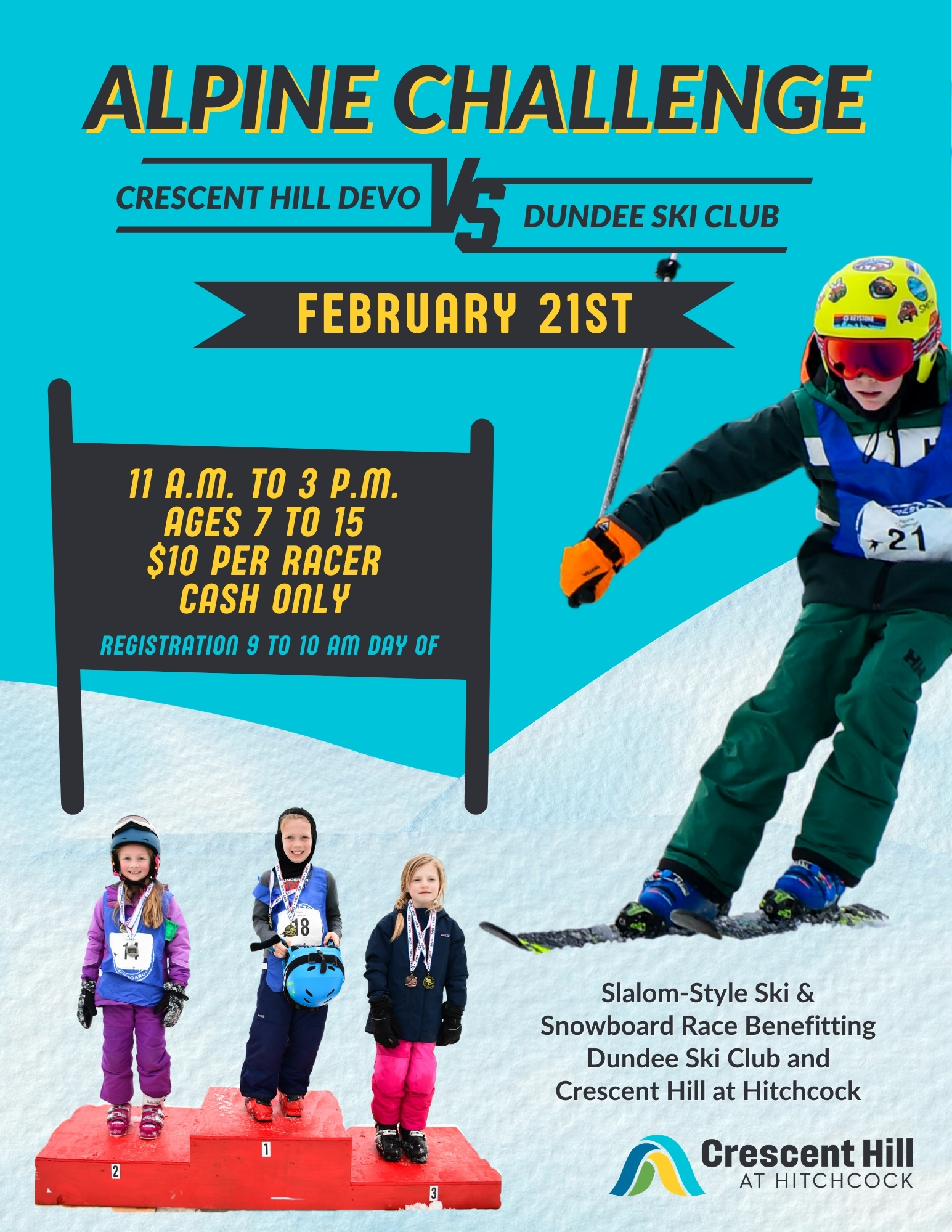 Alpine Challenge flyer featuring a young skier and children on a podium receiving their award medals.